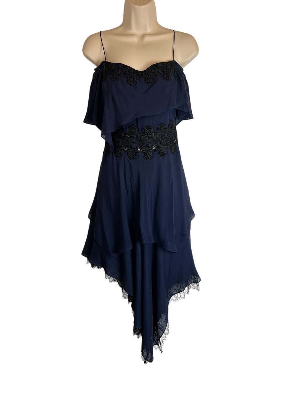 Jonathan Simkhai Blue Silk Black Lace Party Dress Cocktail Ruffle 0